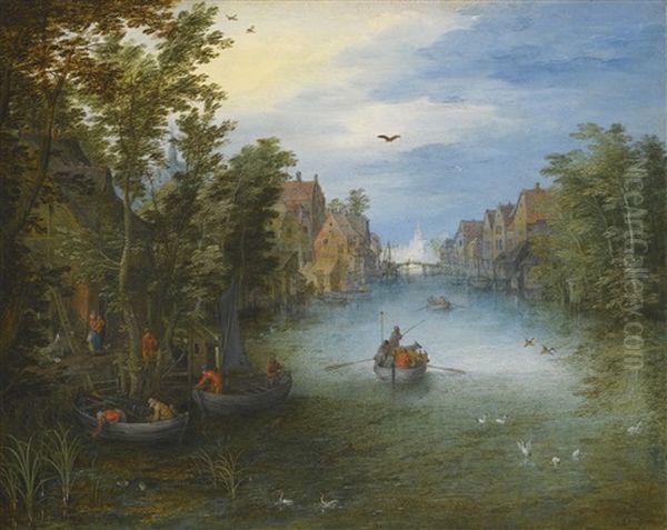 A River Running Through A Small Town, With A Cattle Ferry On The Water And Rowing Boats Setting Off From The Left Bank Oil Painting by Jan Brueghel the Elder