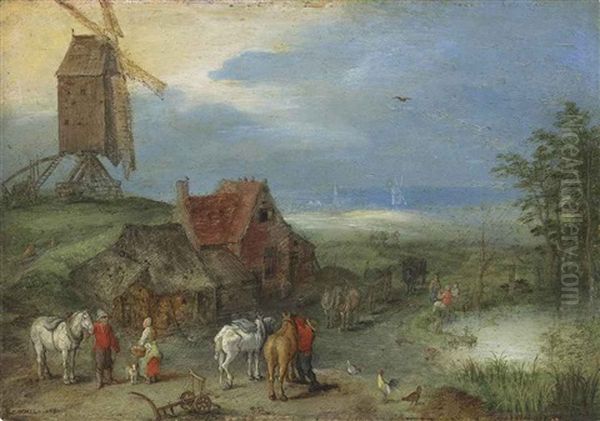 Landscape With A Windmill, Figures And Horses By A Farmstead Oil Painting by Jan Brueghel the Elder