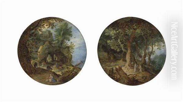 A Rocky Landscape With The Rest On The Flight Into Egypt; A Wooded Landscape With The Temptation Of Christ (2 Works) Oil Painting by Jan Brueghel the Elder