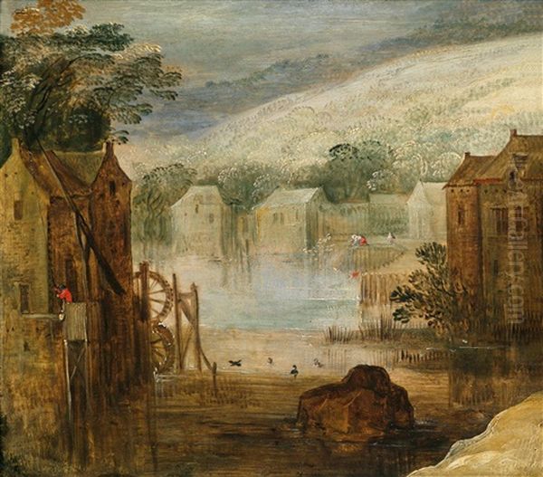 Eine Flusslandschaft Mit Wassermuhle Und Figuren by Jan Brueghel the Elder