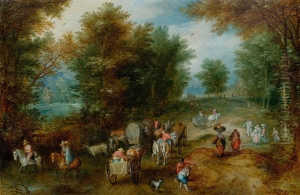 Waldweg Mit Pferdefuhrwerken, Reitern Und Kuhen Oil Painting by Jan Brueghel the Elder