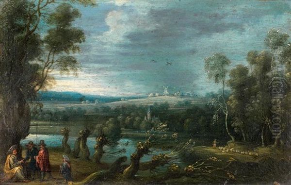 Paysage De Campagne Traverse Par Une Riviere Avec, A Gauche, Deux Villageois Consultant Un Bohemien Oil Painting by Jan Brueghel the Elder