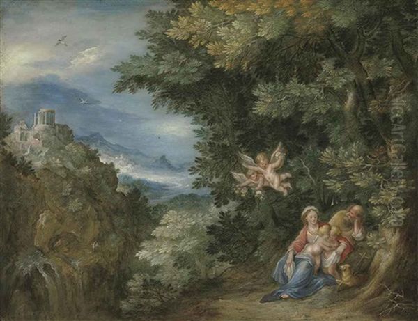 The Rest On The Flight Into Egypt With Saint John The Baptist, The Temple Of The Sibyl At Tivoli In The Distance Oil Painting by Jan Brueghel the Elder