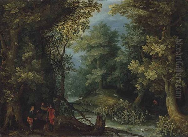 Hunters With Hounds By A Stream In A Wooded Landscape Oil Painting by Jan Brueghel the Elder