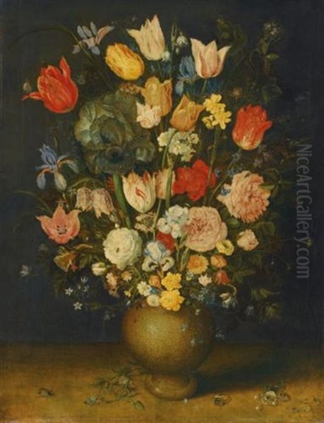 Still Life With Tulips, Roses And Irises In An Unpainted Clay Vase, And A Brooch, Ring And Beetle On A Ledge Oil Painting by Jan Brueghel the Elder