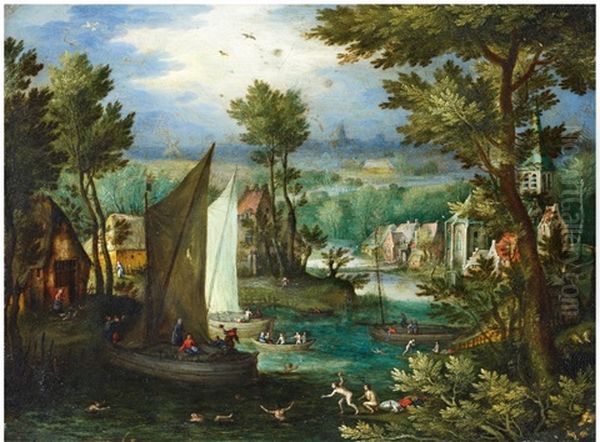 River Landscape With Bathing Figures And Boats Oil Painting by Jan Brueghel the Elder