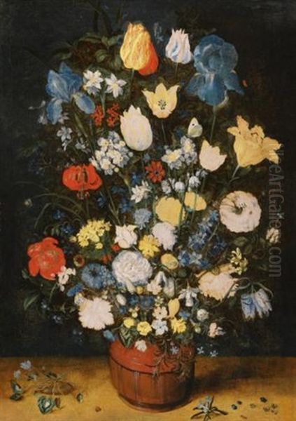 Still Life With Irises, Roses, Tulips, Narcissae, Cardamine, Cyclamen, Hyacinths, Calendula, Eranthis And Other Flowers In A Wide-bottomed Vase On A Ledge (collab W/studio) Oil Painting by Jan Brueghel the Elder