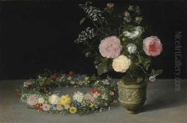 A Still Life Of An Ornamented Stoneware Jug Holding A Bouquet Of Roses And Lilacs, With A Wreath Of Many Smaller Flowers, Including Roses, Carnations, Cyclamen, Narcissi, Forget-me-nots And Love-in-a-mist, Lying On A Table Oil Painting by Jan Brueghel the Elder