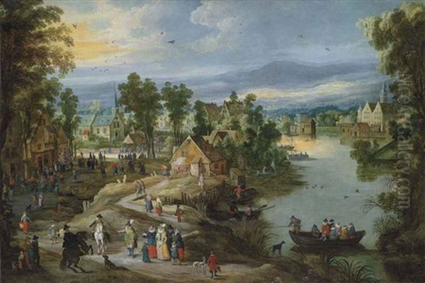 A Village Landscape With Elegant Figures Conversing On A Path, With A Ferry Crossing A River And Peasants Merrymaking Beyond Oil Painting by Jan Brueghel the Elder