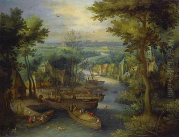 An Extensive River Landscape With Villagers Swimming And Loading Boats Beside A Village Oil Painting by Jan Brueghel the Elder