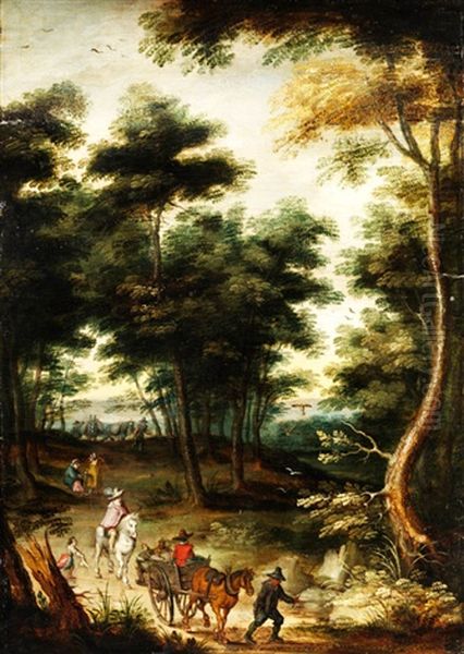 Pferdekarren Und Schimmelreiter Auf Einem Waldweg Oil Painting by Jan Brueghel the Elder