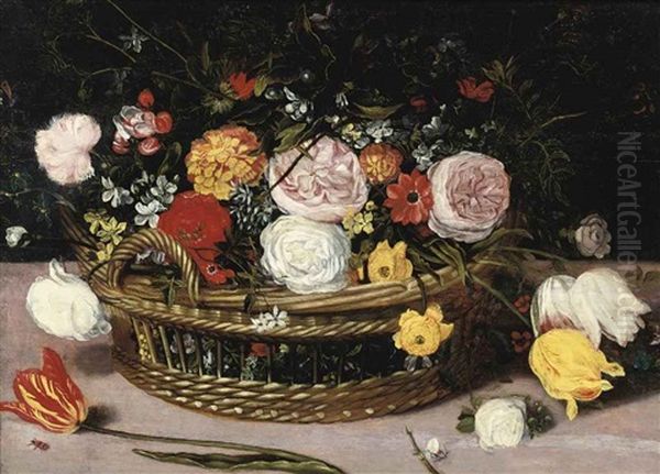 A Basket With Peonies, Lilies, Daffodils And Various Other Flowers Oil Painting by Jan Brueghel the Elder