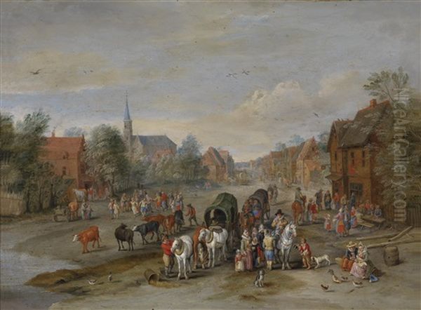 Dorfstrasse Mit Pferdefuhrwerken Und Zahlreichen Personen Oil Painting by Jan Brueghel the Elder