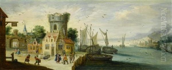 Flamischer Hafen Mit Der Biblischen Szene: Christus Trifft Petrus Oil Painting by Jan Brueghel the Elder