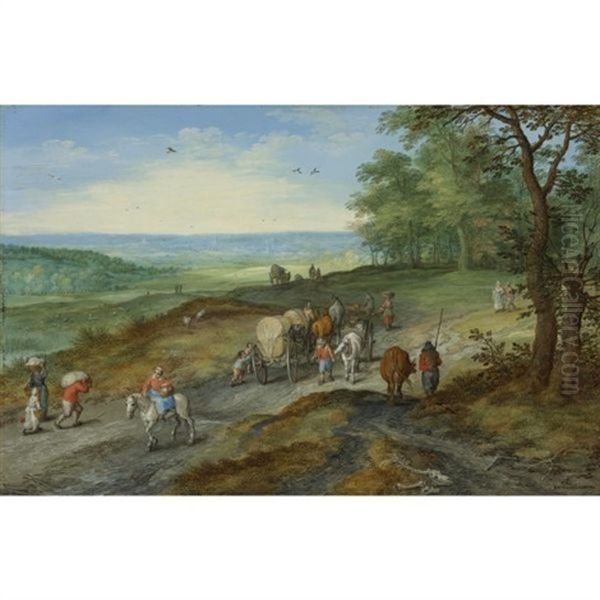 A Panoramic Landscape With A Covered Wagon And Travelers On A Highway by Jan Brueghel the Elder