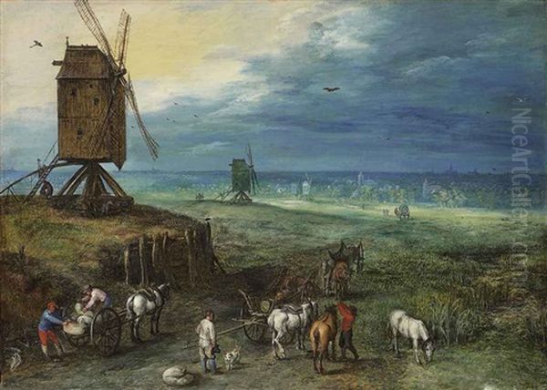 An Extensive Landscape With Figures Unloading Carts Beside A Windmill On A Knoll Oil Painting by Jan Brueghel the Elder