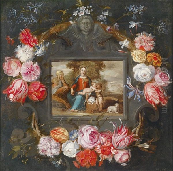 Schule Blumengirlande Um Ein Kartuschenbild Mit Maria, Dem Kind, Der Heiligen Elisabeth Und Dem Johannesknaben Oil Painting by Jan Brueghel the Elder