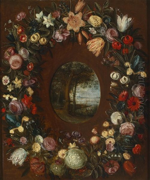 Blumenkranz Um Ein Medaillon Mit Einer Flusslandschaft Oil Painting by Jan Brueghel the Elder