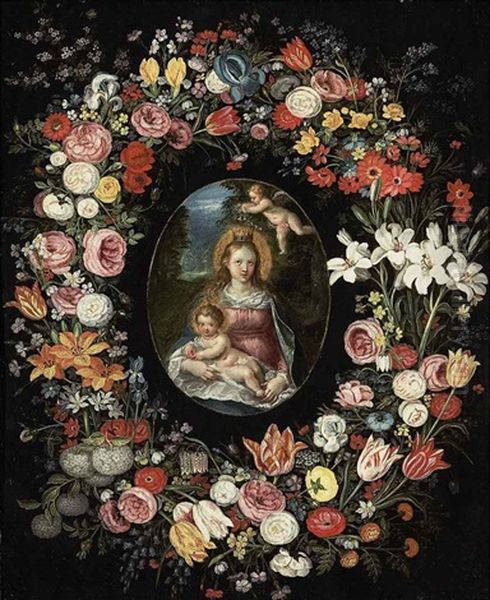 The Virgin And Child In A Feigned Cartouche, Surrounded By A Garland Of Flowers Oil Painting by Jan Brueghel the Elder