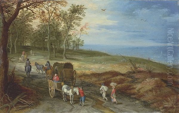 A Wooded Landscape With Peasants And Horse Carriages On A Path Oil Painting by Jan Brueghel the Elder