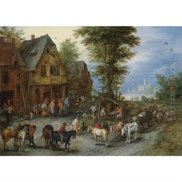 A Village Landscape With Horses, Carts And Figures Before Cottages Oil Painting by Jan Brueghel the Elder