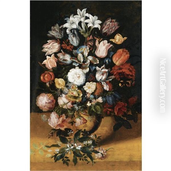 Still Life Of Parrot Tulips, Morning Glory, Roses, Peonies, Lilies, Snowdrops And Other Flowers In A Stone Vase, Together With A Butterfly Oil Painting by Jan Brueghel the Elder