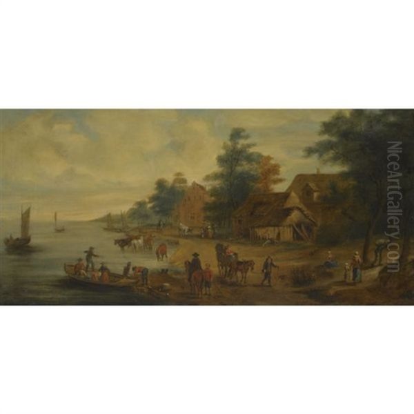 A Village Landscape With Figures Passing Along A River Bank Oil Painting by Jan Brueghel the Elder