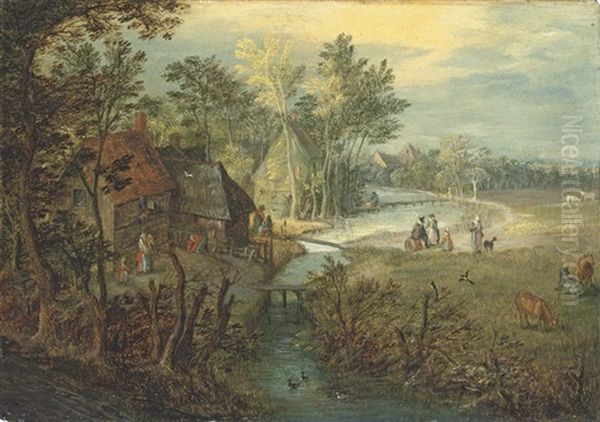 A River Landscape With Cottages, Figures And Cattle On A Bank Oil Painting by Jan Brueghel the Elder