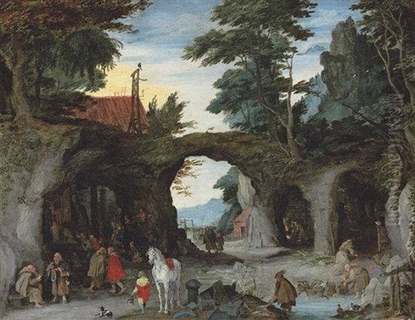 A Mountainous Landscape With Pilgrims Visiting A Shrine In A Grotto At A Hermitage Oil Painting by Jan Brueghel the Elder