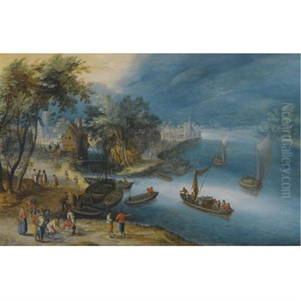 A Fluvial Landscape With Fishermen Unloading Their Catch Oil Painting by Jan Brueghel the Elder