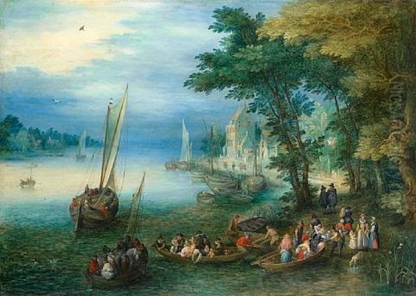 A River Landscape With Figures Disembarking From A Ferry Oil Painting by Jan Brueghel the Elder