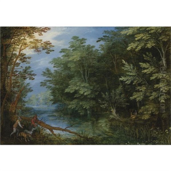 A Wooded River Landscape With Sportsmen Oil Painting by Jan Brueghel the Elder