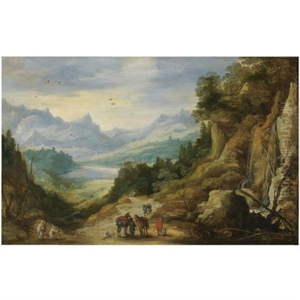 A Distant Mountainous Landscape With Cavaliers Oil Painting by Jan Brueghel the Elder