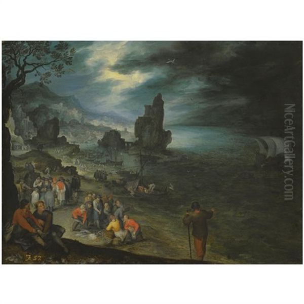 An Extensive Coastal Landscape With Fishermen Landing And Selling Their Catch, The Sacrifice Of Jonah Offshore Oil Painting by Jan Brueghel the Elder