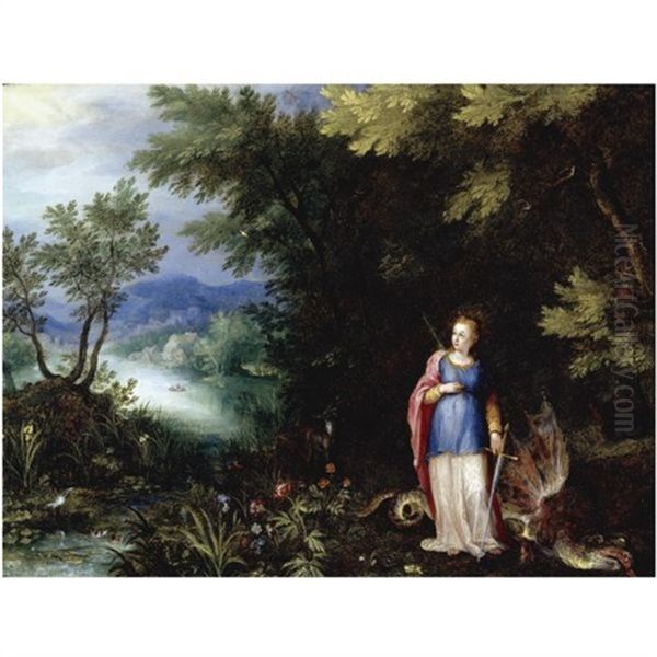 Saint Margaret And The Dragon In An Extensive River Landscape Oil Painting by Jan Brueghel the Elder