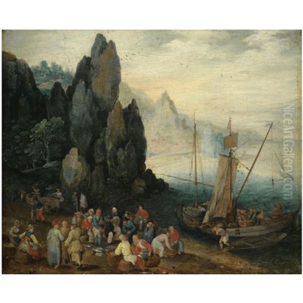 A Rocky Coastal Landscape With Fishermen Unloading Their Catch, Craggy Mountains Beyond Oil Painting by Jan Brueghel the Elder