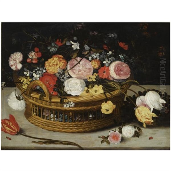 Still Life Of Roses, Tulips, Chrysanthemums, Anemones And Other Flowers, All In A Basket On Stone Ledge, Together With A Lady-bird And A Tiny Beetle Oil Painting by Jan Brueghel the Elder