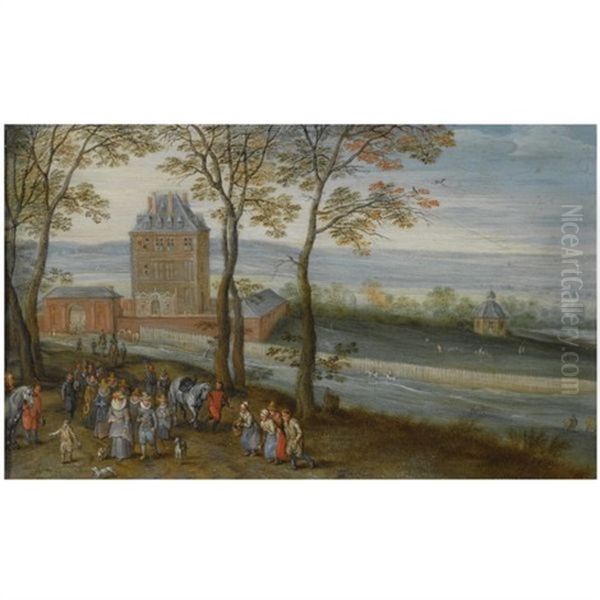 An Extensive Landscape With A View Of The Castle Of Mariemont, A Procession With The Archduke Albrecht, His Wife Isabella And Other Figures In The Foreground Oil Painting by Jan Brueghel the Elder