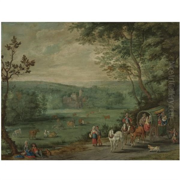 Wooded Landscape With Travellers In A Horse And Cart On A Path, A Chateau Beyond Oil Painting by Jan Brueghel the Elder