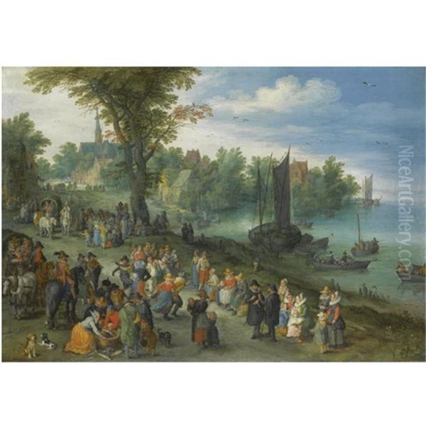 The Edge Of A Village With Figures Dancing On The Bank Of A River And A Fish-seller And A Self Portrait Of The Artist In The Foreground Oil Painting by Jan Brueghel the Elder