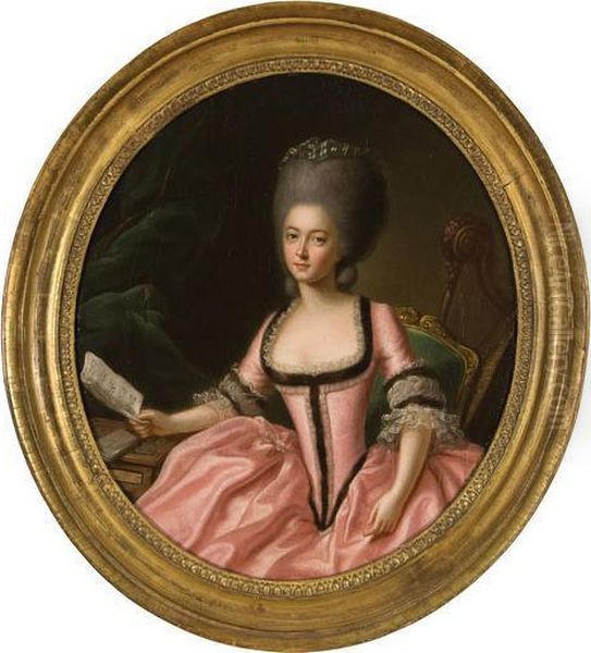 Portrait Of A Lady In A Pink Dress With A Sheet Of Music. Oil Painting by Francis Alleyne