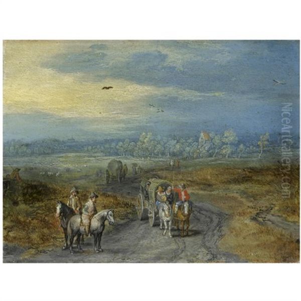 Travellers On A Country Road With A Village Beyond Oil Painting by Jan Brueghel the Elder