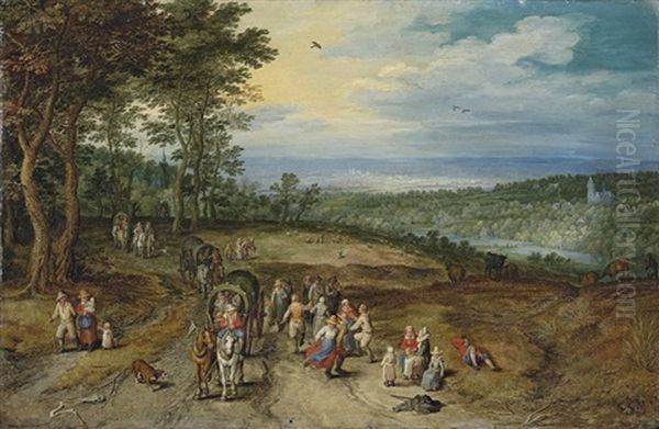 An Extensive Wooded Landscape With Travellers On A Track And Peasants Dancing In The Foreground Oil Painting by Jan Brueghel the Elder