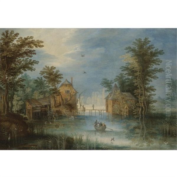 A River Landscape With Figures In A Rowing Boat Before A Village Oil Painting by Jan Brueghel the Elder