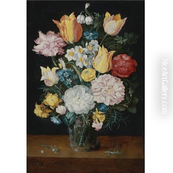 Still Life Of Tulips, Roses, Narcissus, Forget-me-nots, A Carnation And Other Flowers In A Glass Vase, Resting On A Table With A Sprig Of Rosemary And An Insect Oil Painting by Jan Brueghel the Elder