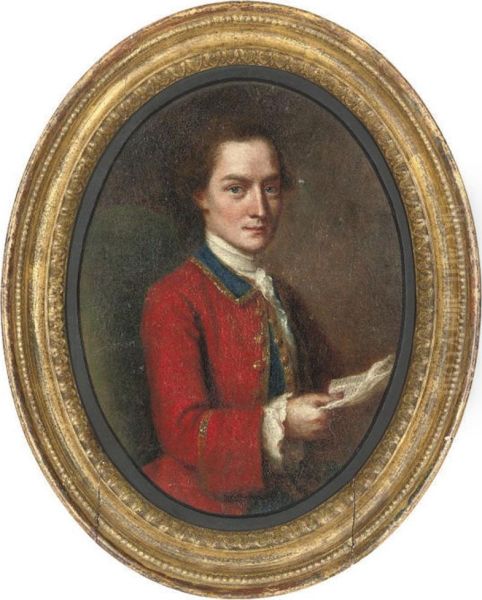 Portrait Of A Gentleman, Half-length, Seated In A Red Military Coat, A Letter In His Right Hand Oil Painting by Francis Alleyne