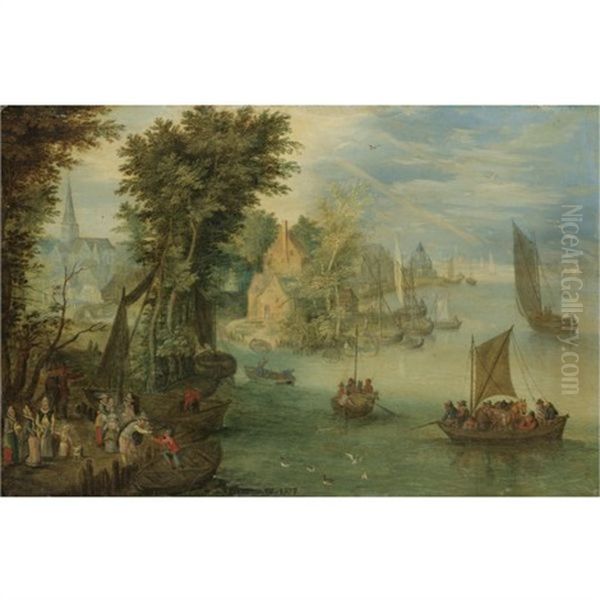 River Landscape With Figures On A Quay Before A Town Oil Painting by Jan Brueghel the Elder