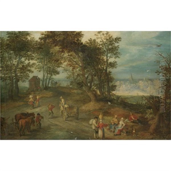 Landscape With Figures On A Road Through A Wood Oil Painting by Jan Brueghel the Elder