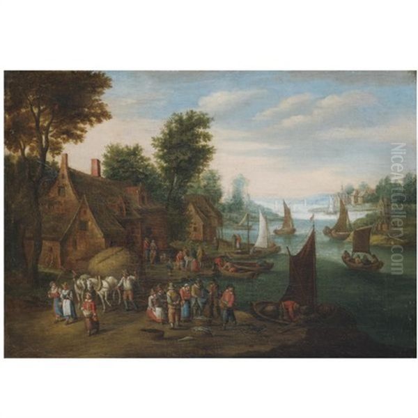 A River Landscape With Fisherman Unloading Their Catch Near A Village Oil Painting by Jan Brueghel the Elder