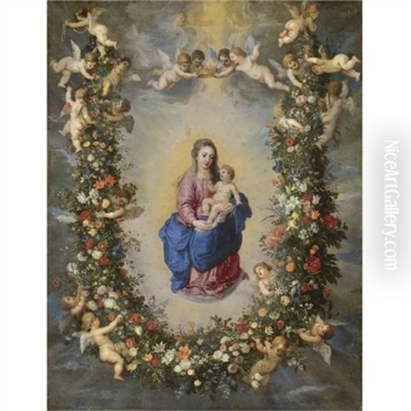 The Virgin And Child Encircled By A Garland Of Flowers Held Aloft By Cherubs (in Collab. W/hendrick Van Balen) Oil Painting by Jan Brueghel the Elder